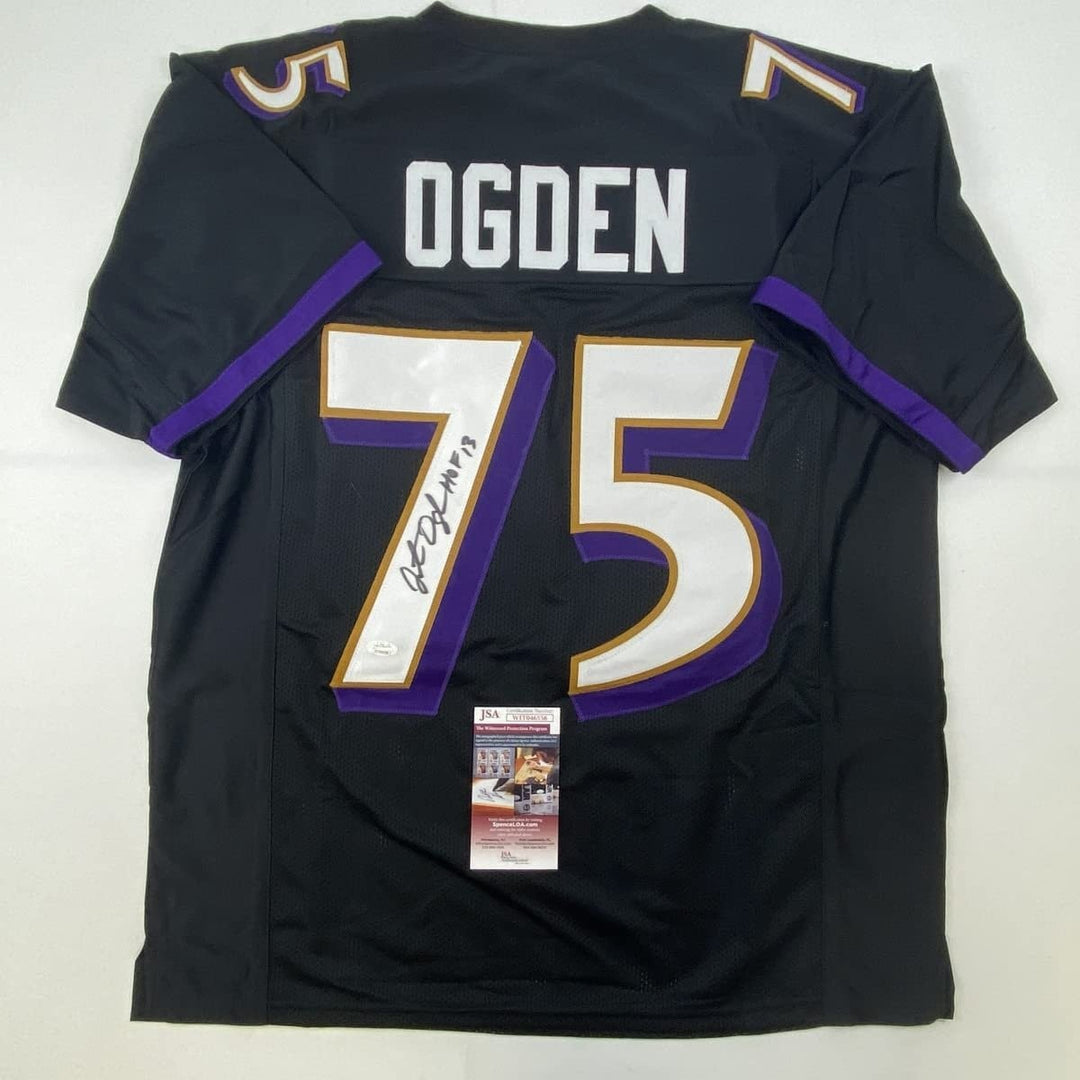 Autographed/Signed Jonathan Ogden HOF 13 Baltimore Black Jersey JSA COA