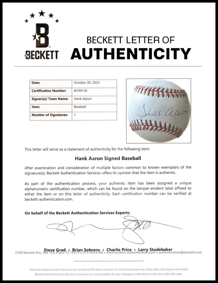 Hank Aaron Signed Official NL Baseball Atlanta Braves UDA Holo & Beckett