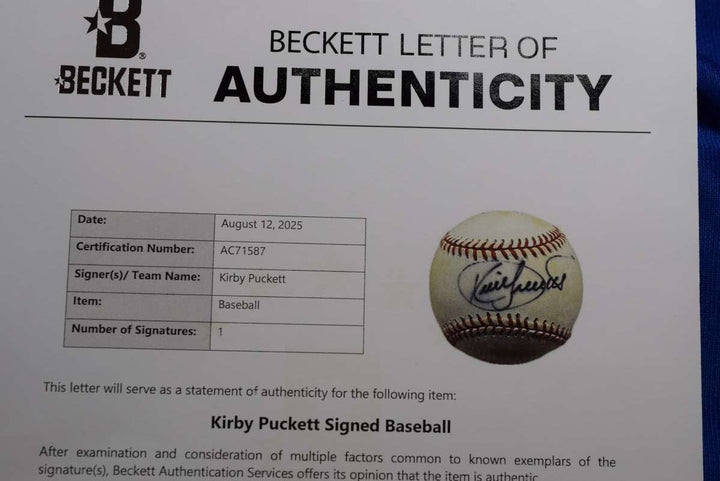 Kirby Puckett Beckett BAS LOA Autograph American League Signed Baseball