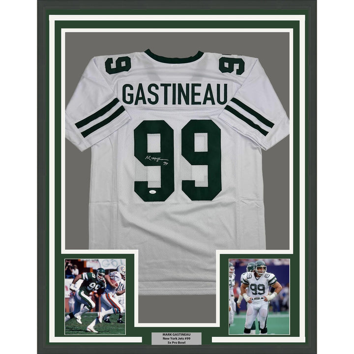Framed Signed Mark Gastineau 35x39 New York White Jersey JSA COA