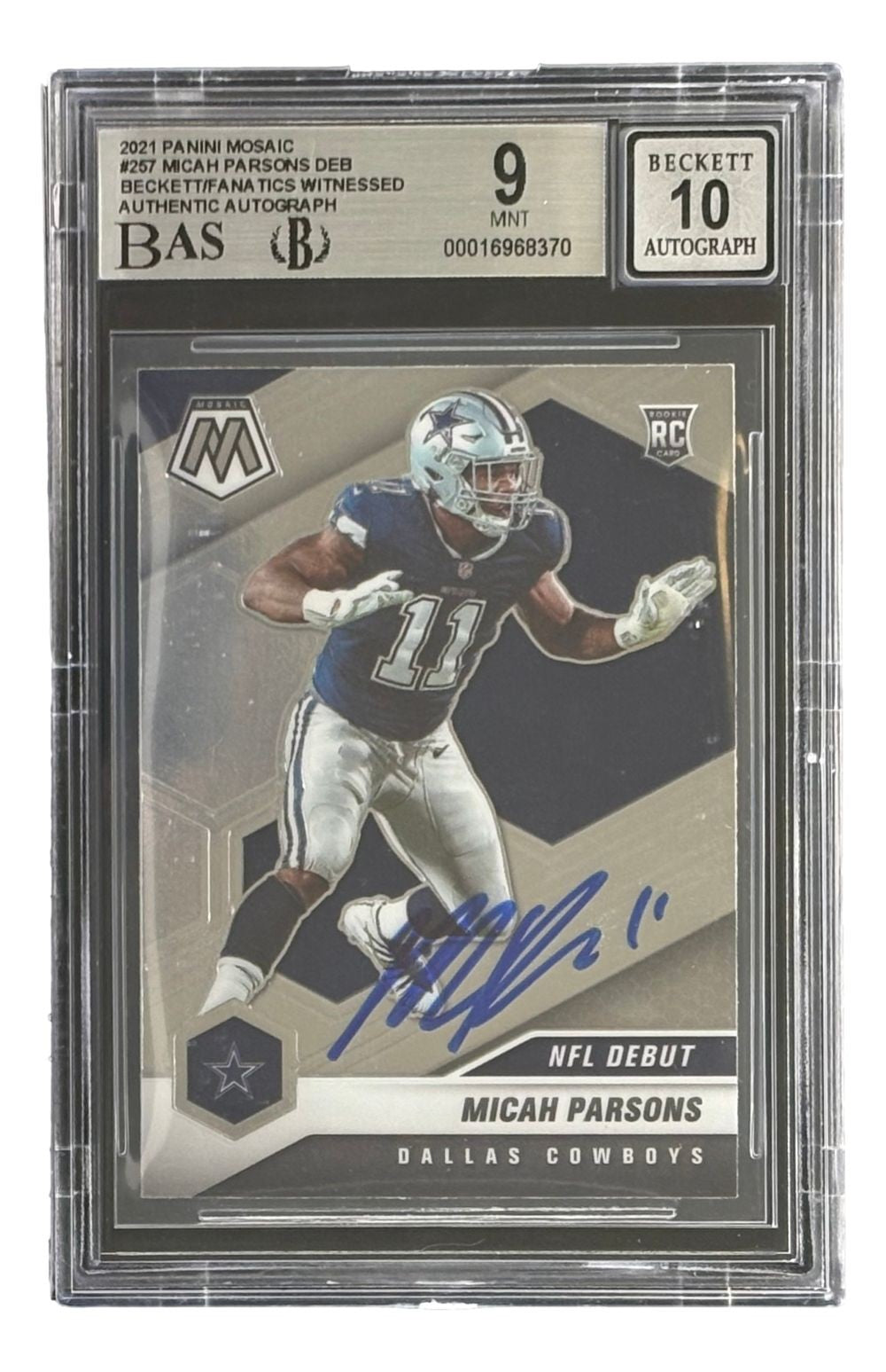 Micah Parsons Signed 2021 Panini Mosaic #257 Cowboys Rookie Card BAS 9 Auto 10