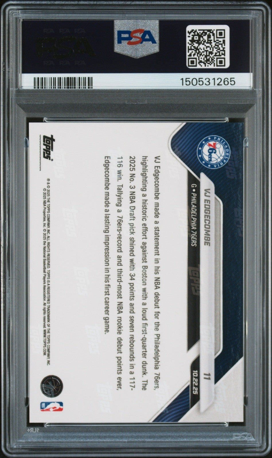 Graded 2025 Topps Now VJ Edgecombe #11 Rookie RC Card PSA 10 Gem Mint