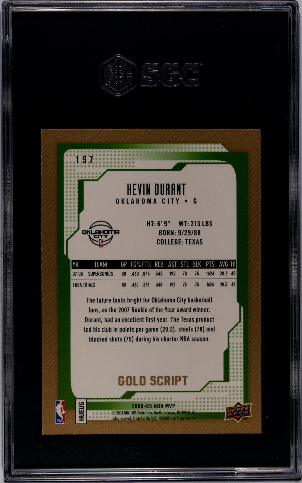 Kevin Durant 2008-09 UD Team MVP Gold Script Card #197- /100- SGC Slabbed Auth