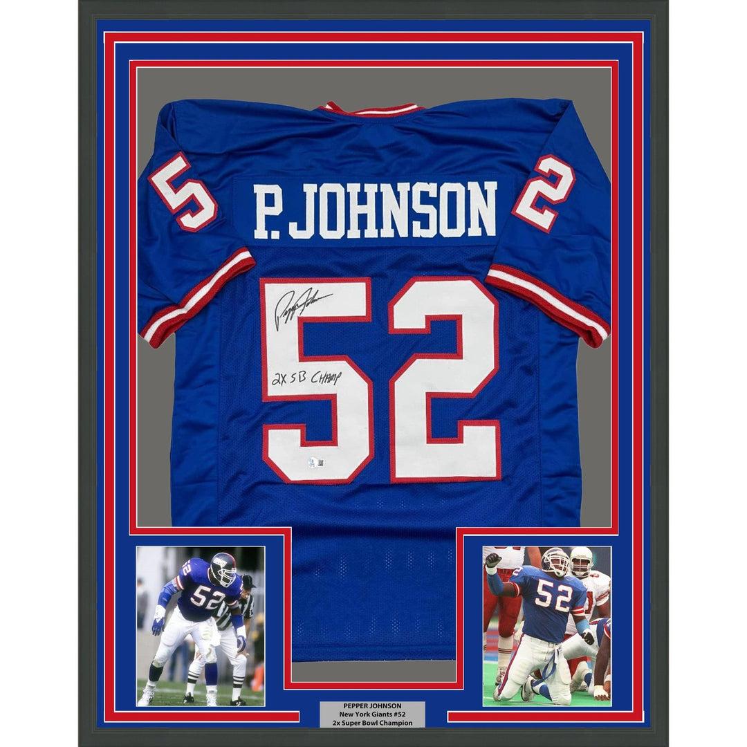 Framed Autographed/Signed Pepper Johnson 35x39 New York Blue Jersey BAS COA
