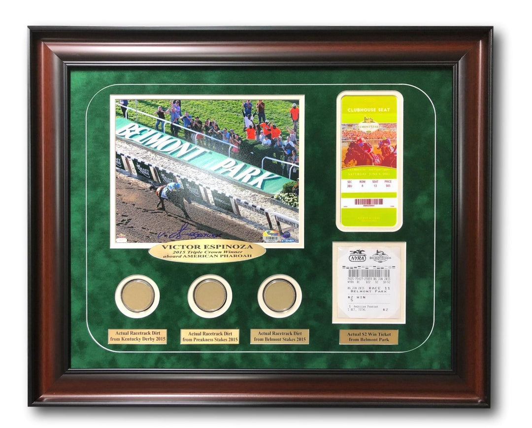 Victor Espinoza Triple Crown Framed Signed 8x10 Photo w/ Race Used Dirt Ticket