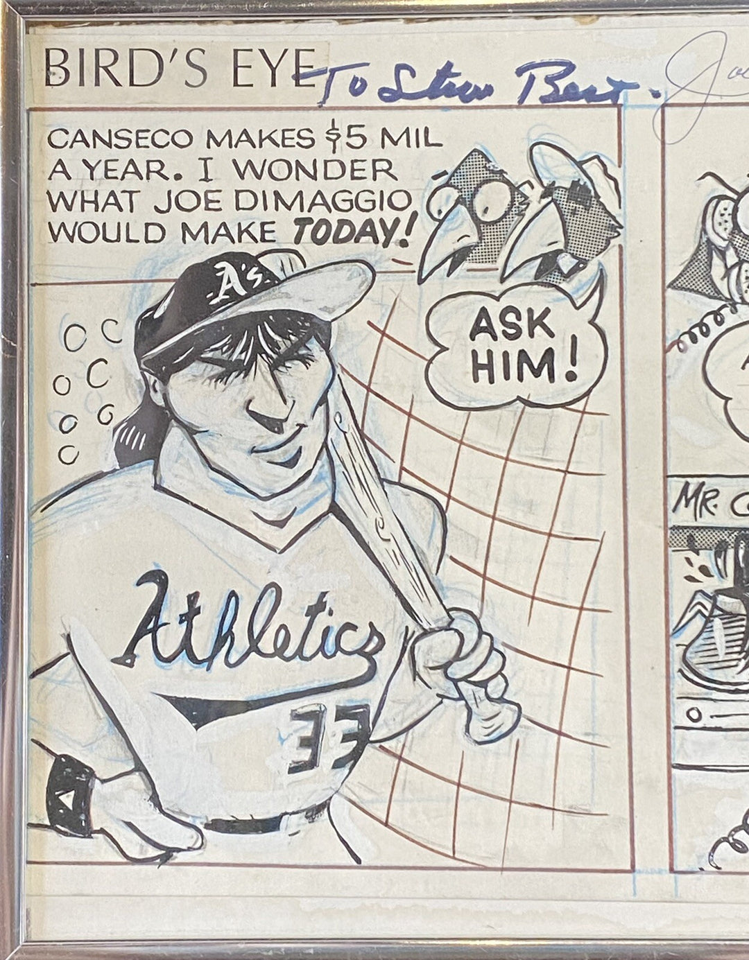 Joe DiMaggio Signed To Steve Sax Auto Original 1/1 Newspaper Comic Strip Framed