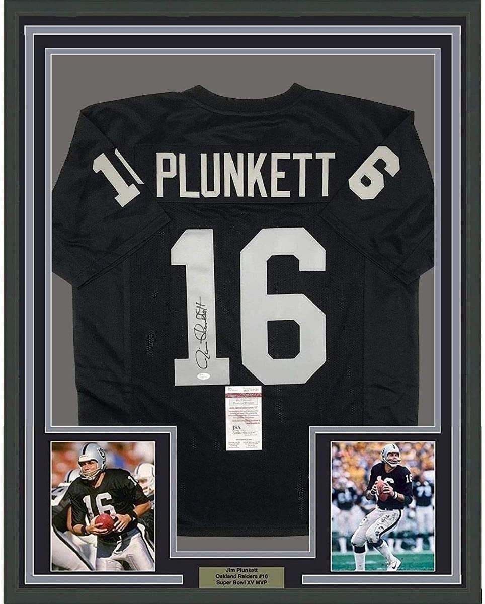 Framed Autographed/Signed Jim Plunkett 35x39 Oakland Black Jersey JSA COA