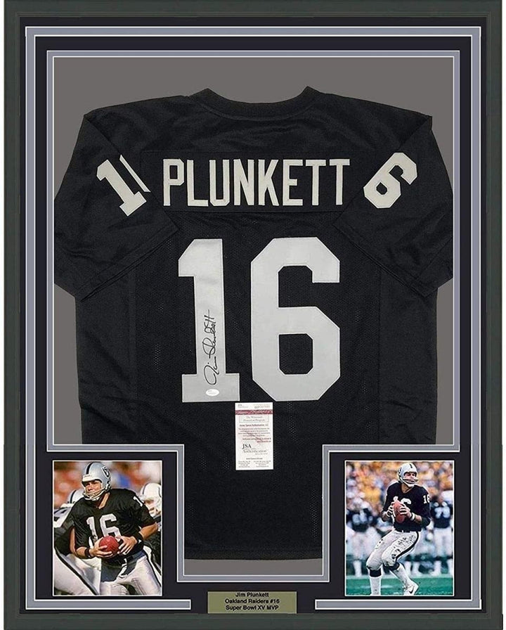 Framed Autographed/Signed Jim Plunkett 35x39 Oakland Black Jersey JSA COA
