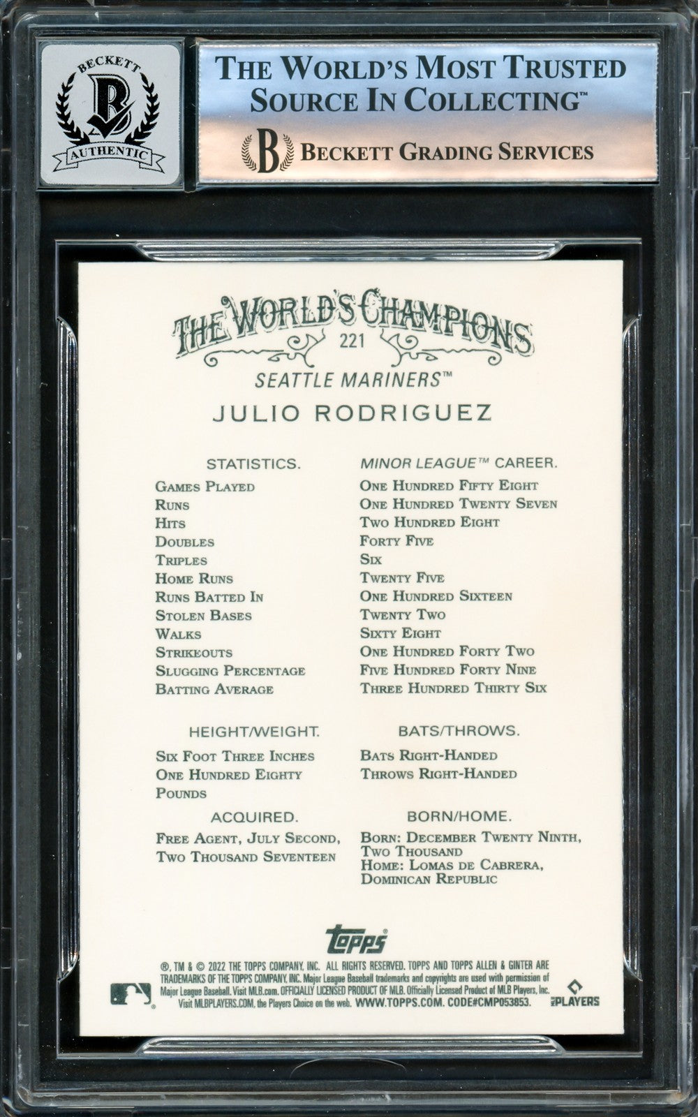 Julio Rodriguez Auto 2022 Topps Allen & Ginter RC 221 Mariners Auto 10 Beckett