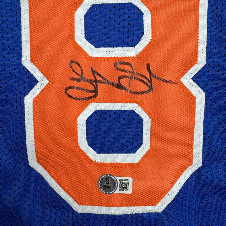 Autographed/Signed Latrell Sprewell New York Blue Basketball Jersey BAS COA