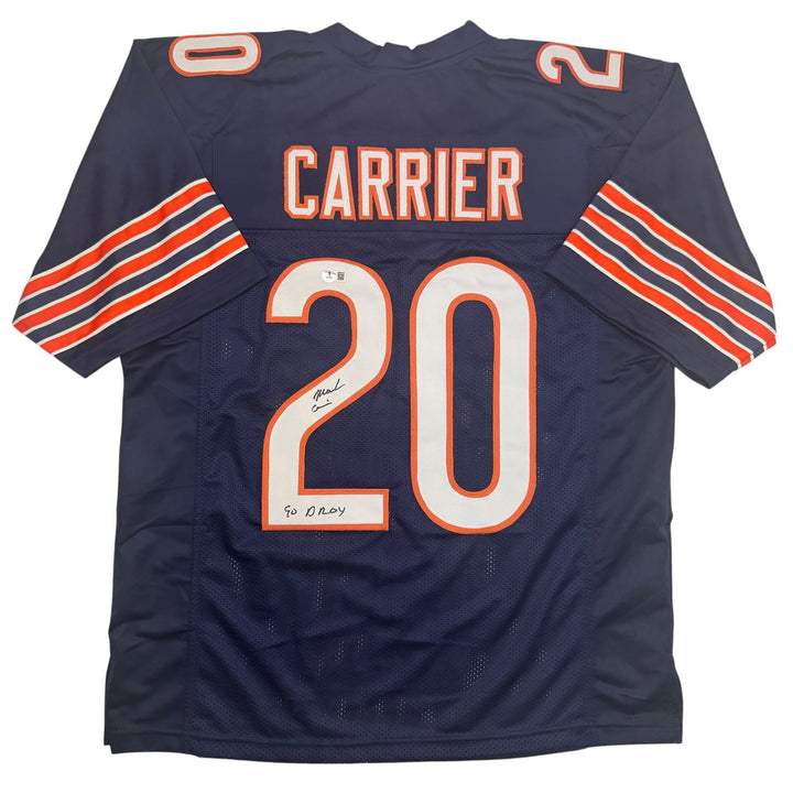 Autographed/Signed Mark Carrier "90 DROY" Chicago Blue Football Jersey JSA COA