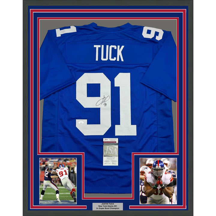 Framed Autographed/Signed Justin Tuck 35x39 New York Blue Jersey JSA COA