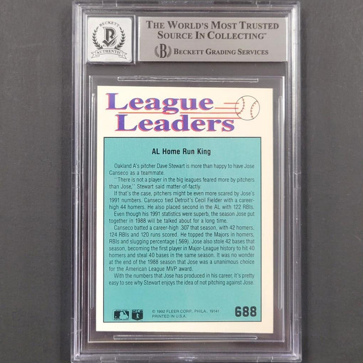 Jose Canseco signed 1992 Fleer League Leaders #688 card autograph ~ BAS 10 auto