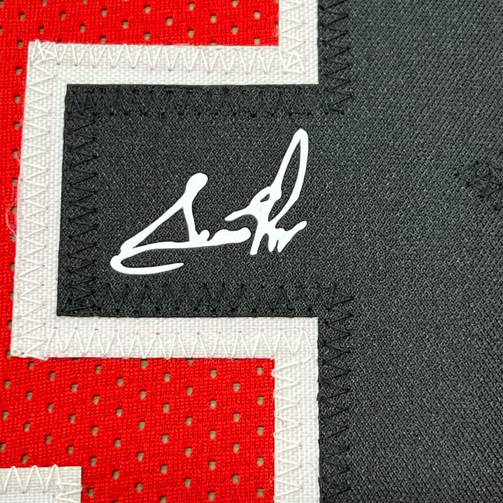 Framed Facsimile Autographed Scottie Pippen 33x42 Red Reprint Laser Auto Jersey