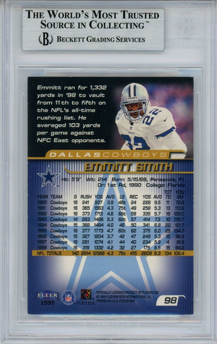 Emmitt Smith Autographed 1999 Fleer Focus #98 Trading Card Beckett Slab 35080