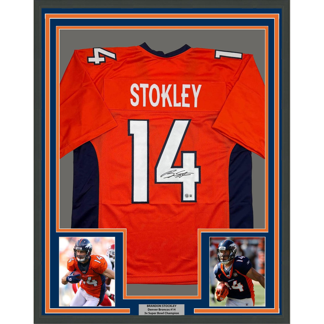 Framed Signed Brandon Stokley 35x39 Denver Orange Jersey Beckett COA