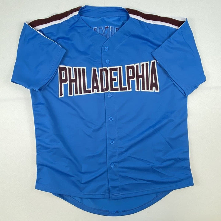 Autographed/Signed Mike Schmidt Philadelphia Retro Blue Jersey JSA COA