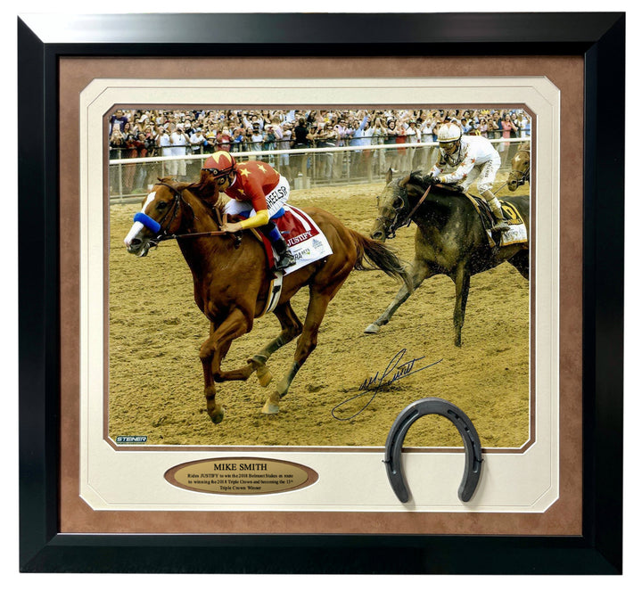 Mike Smith Signed Justify 16x20 Photo Framed Steiner COA Triple Crown Belmont