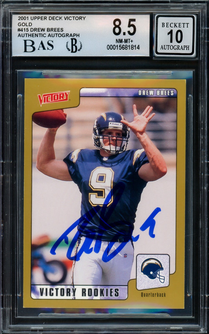 Drew Brees Signed 2001 Upper Deck Victory Gold RC 415 BGS 8.5 Sig 10 Beckett