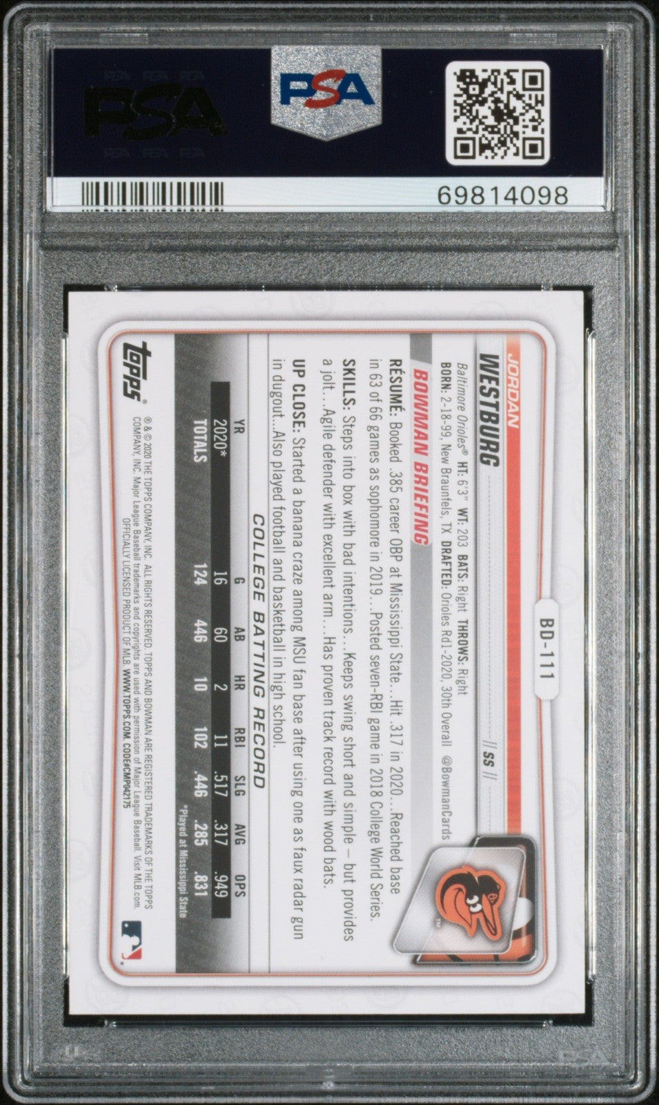 Graded 2020 Topps Bowman Draft Jordan Westburg #BD111 RC Card PSA 10