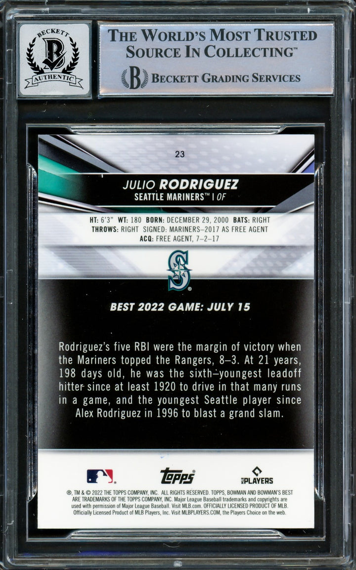 Julio Rodriguez Signed 2022 Bowman's Best RC #23 Mariners Auto GM 10 Beckett