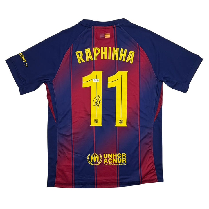 Autographed/Signed Raphinha FC Barcelona Blue #11 Jersey Beckett BAS COA