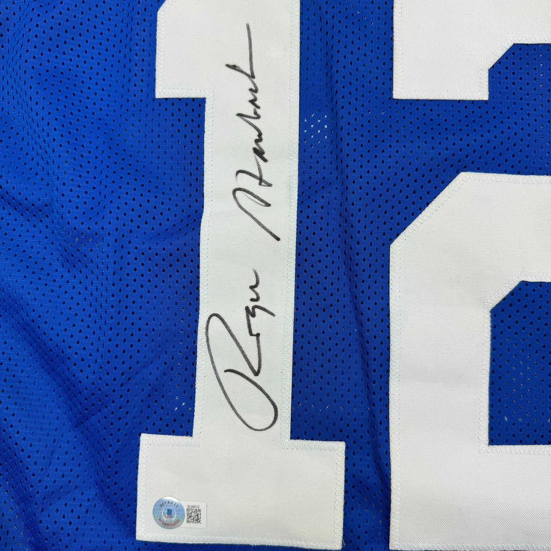 Autographed/Signed Roger Staubach Dallas Blue Jersey Beckett BAS COA