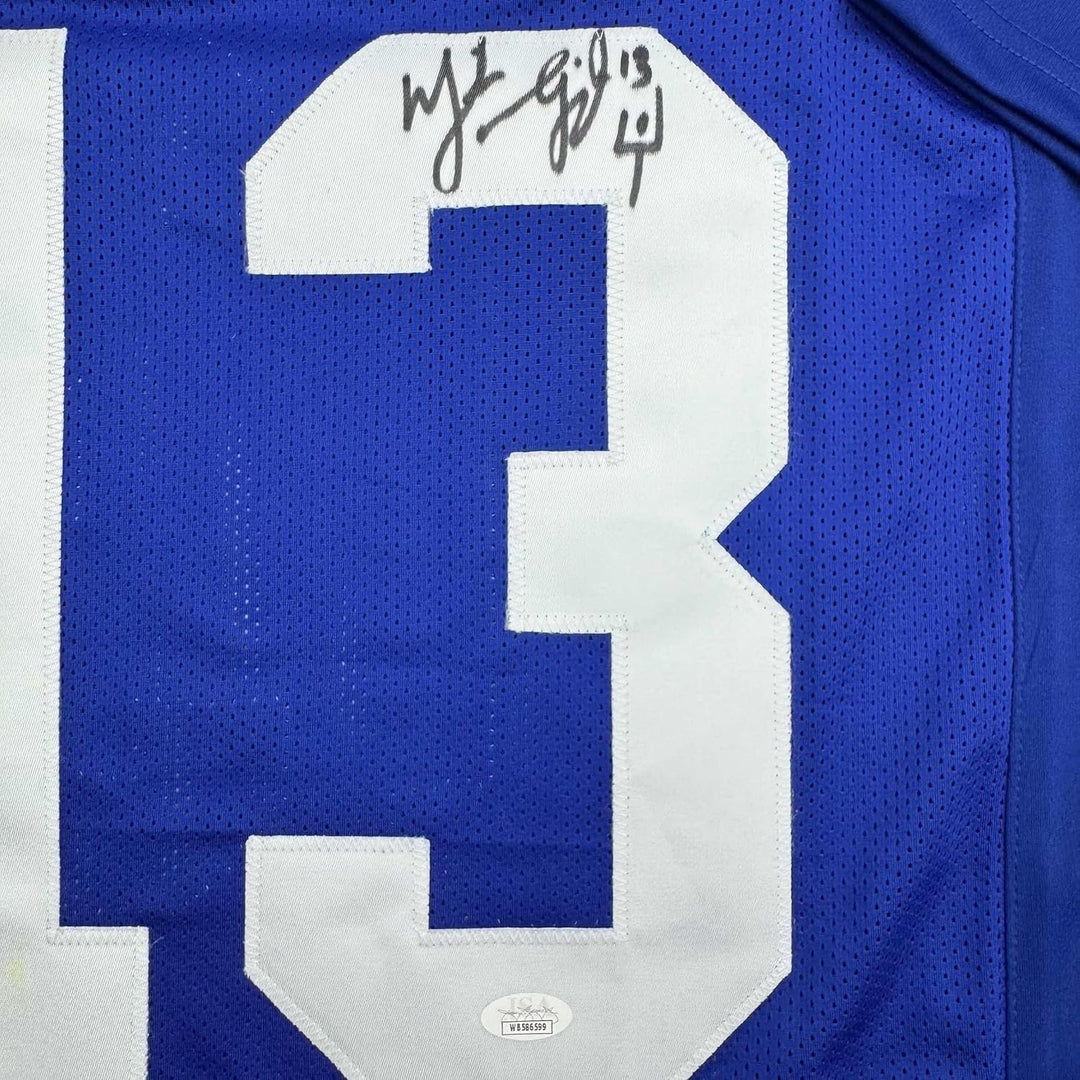 Framed Autographed/Signed Mike Vanderjagt 35x39 Dallas Blue Jersey JSA COA