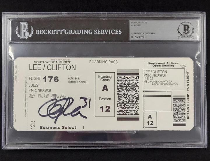 Cliff Lee signed Personal Flight Boarding Pass autograph ~ BAS Beckett
