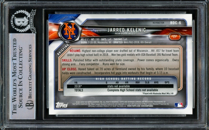 Jarred Kelenic Auto 2018 Bowman Chrome Draft Refractor RC BDC6 Mariners Beckett