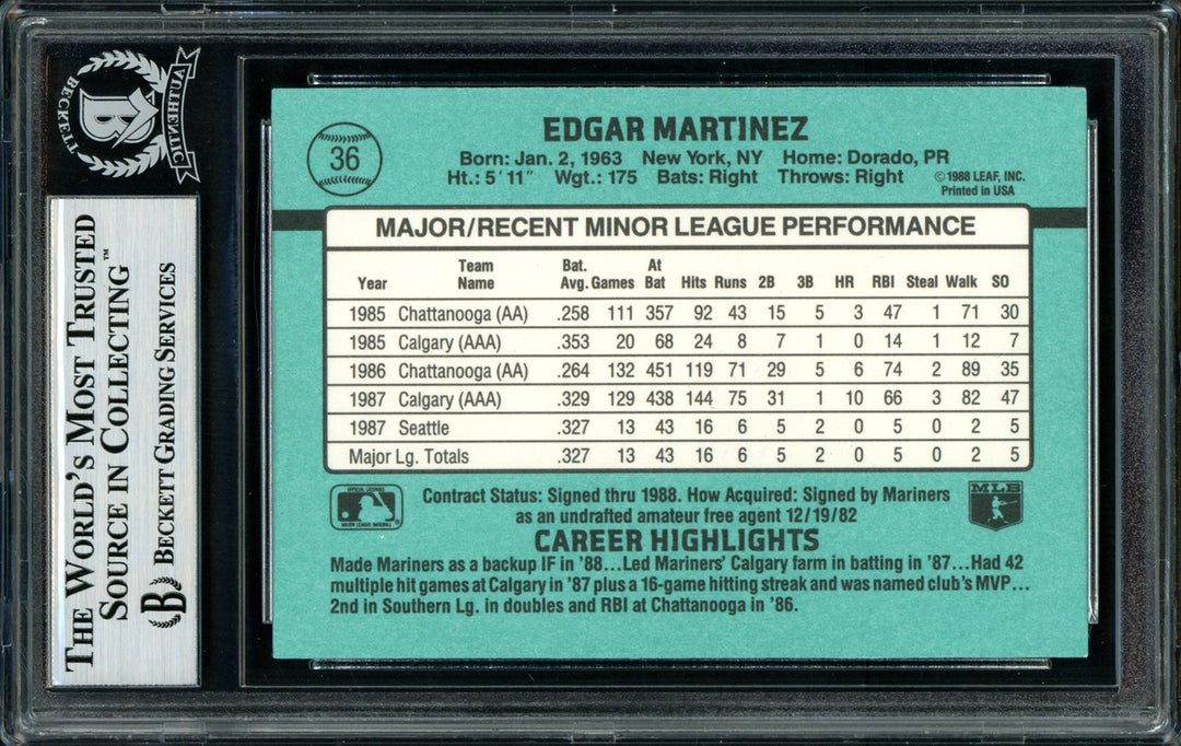 Edgar Martinez Signed 1988 Donruss The Rookies RC 36 Seattle Mariners Beckett