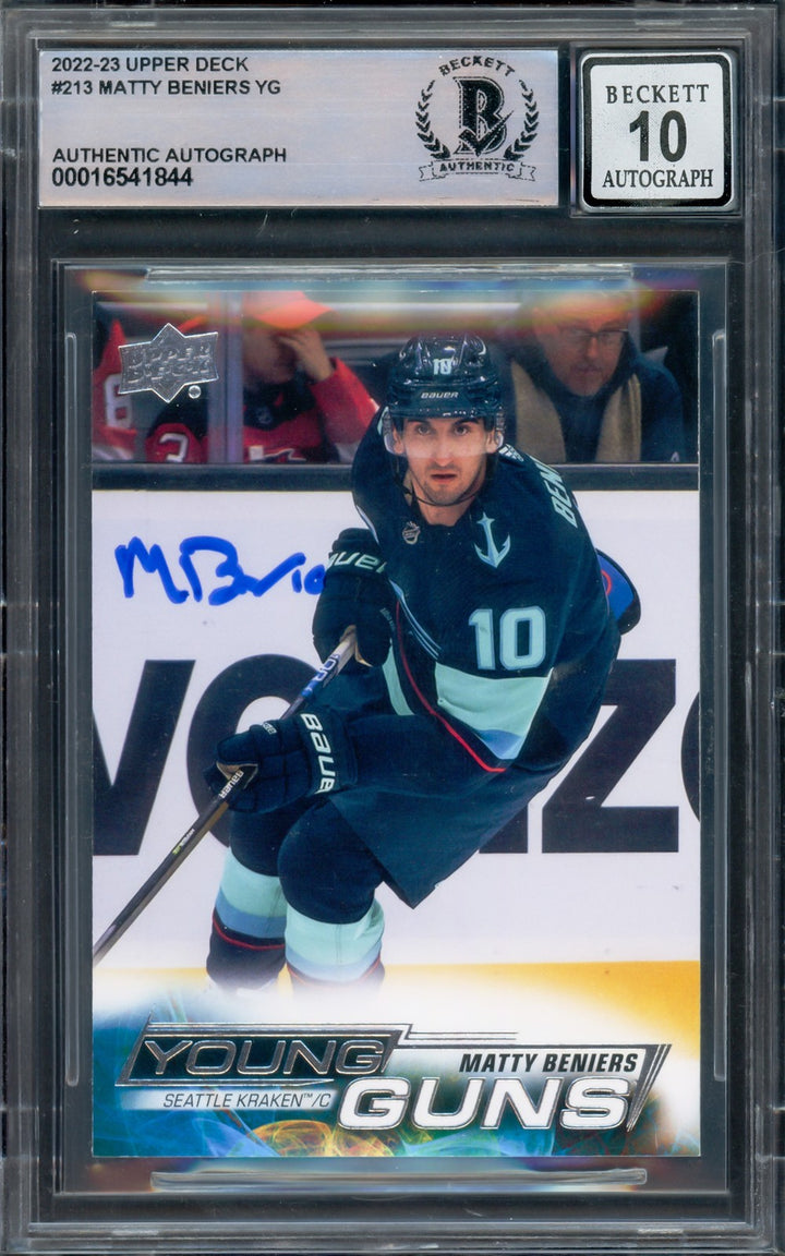 Matty Beniers Auto 2022-23 Upper Deck Young Guns RC 213 Kraken Sig 10 Beckett