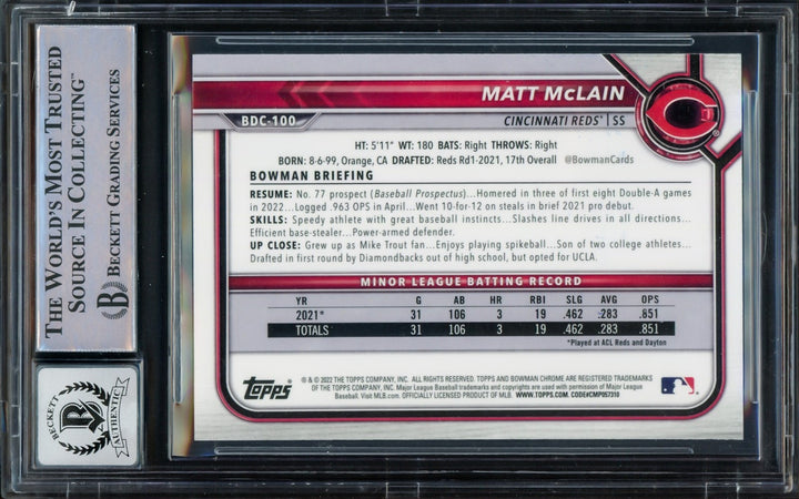 Matt McLain Signed 2022 Bowman Chrome Draft RC BDC100 Reds Auto GM 10 Beckett