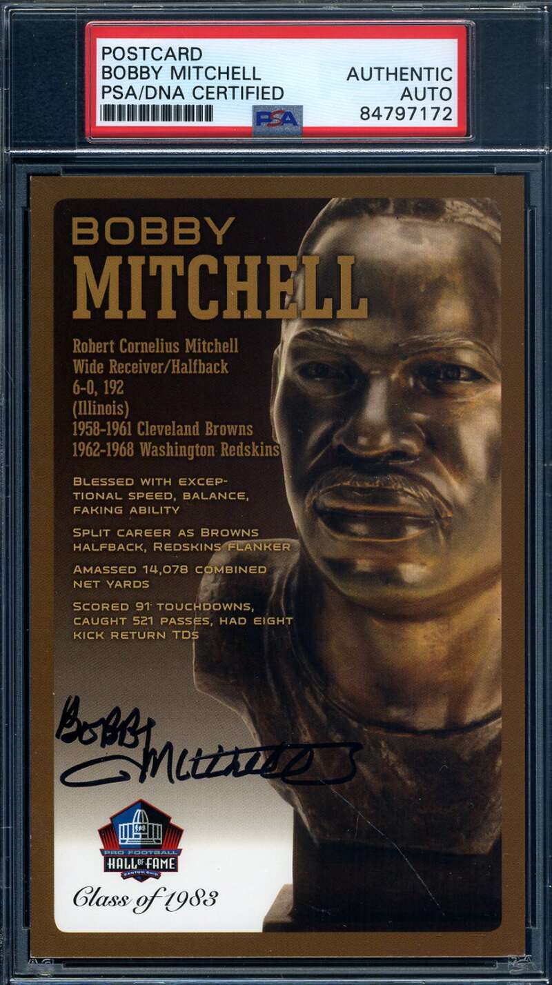 Bobby Mitchell PSA DNA Signed Hall of Fame Bronze Bust Postcard Autograph