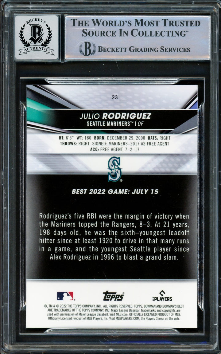 Julio Rodriguez Signed 2022 Bowman's Best RC #23 Mariners Auto GM 10 Beckett