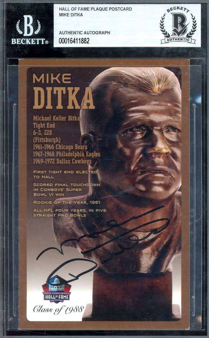 Mike Ditka Beckett BAS Signed Bronze Hall of Fame Bust Postcard Autograph
