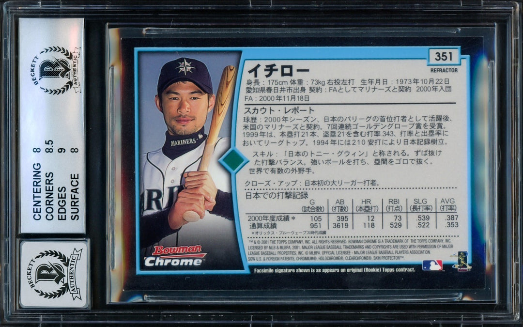 Ichiro Auto 2001 Bowman Chrome Refractor Japanese RC 351 BGS 8 Sig 10 ROYMVP BAS