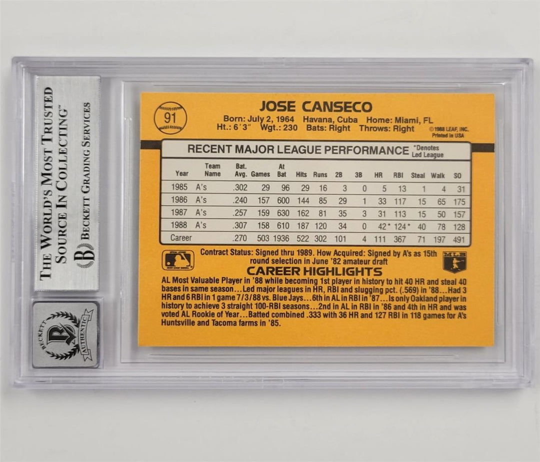 Jose Canseco signed 1989 Donruss #91 card autograph ~ Beckett BAS 10 auto