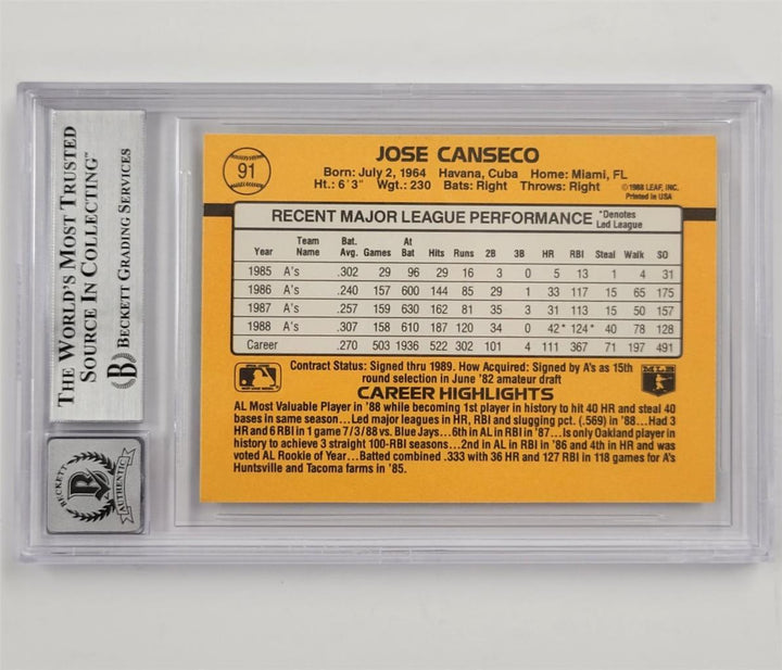 Jose Canseco signed 1989 Donruss #91 card autograph ~ Beckett BAS 10 auto