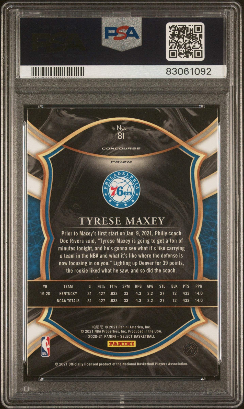 Graded 2020 Select Tyrese Maxey #81 Red/White/Orange Shim Basketball Card PSA 10