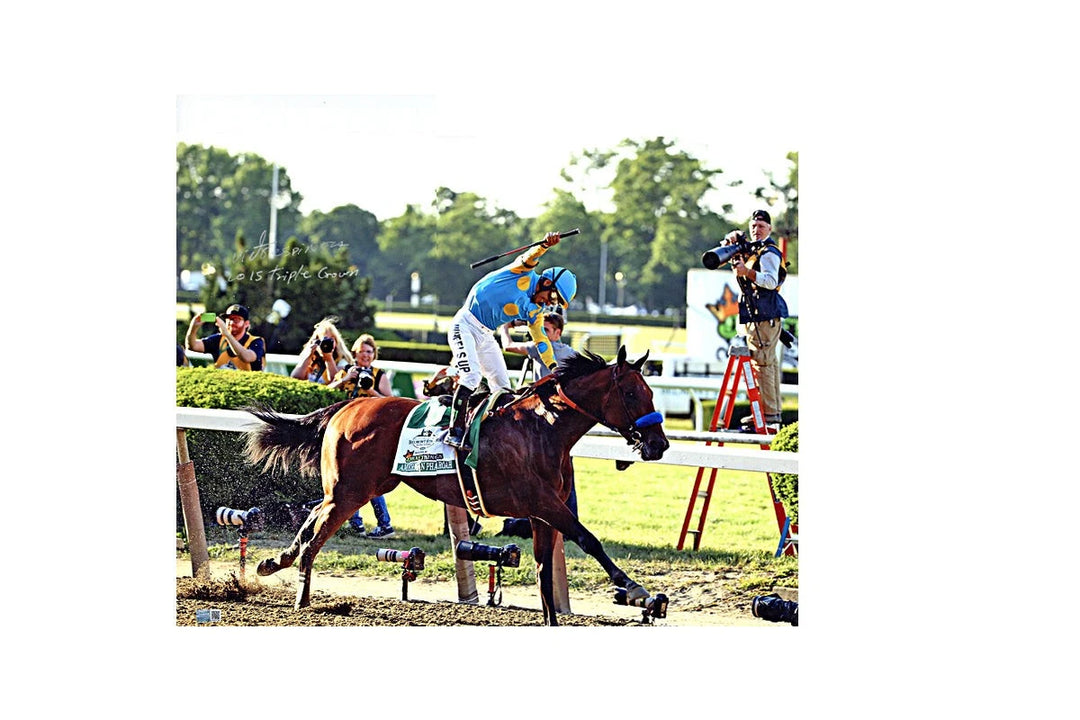 Victor Espinoza Autographed & Inscr "2015 Triple Crown" 2015 Belmont Stakes 16x20 Photograph (CX Auth)