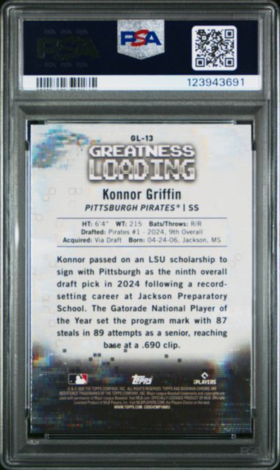 Graded 2025 Bowman Konnor Griffin #GL13 Greatness Loading Rookie Card PSA 10