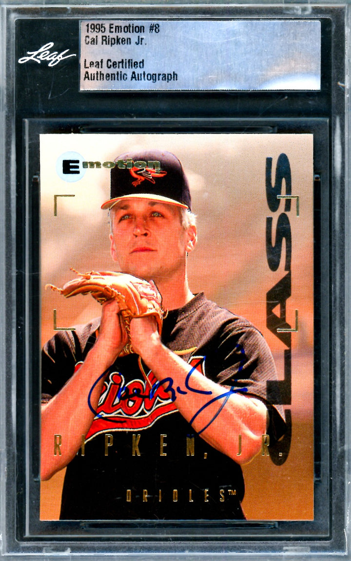 Cal Ripken Jr. Signed 1995 Skybox Emotion Card 8 Baltimore Orioles Leaf