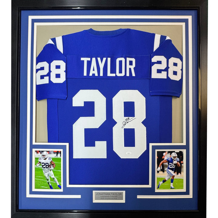 Framed Signed Jonathan Taylor 35x39 Indianapolis Blue Jersey JSA COA