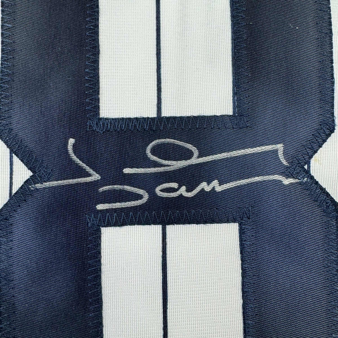 Autographed/Signed Johnny Damon New York Pinstripe Baseball Jersey Beckett COA