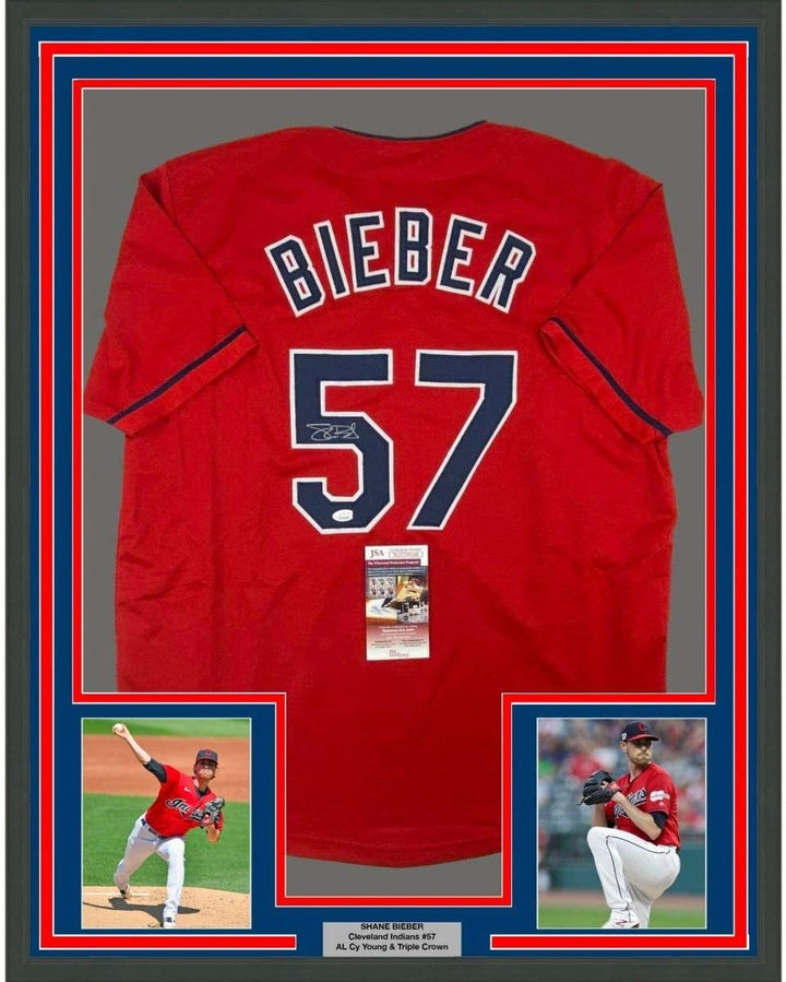 FRAMED Signed SHANE BIEBER 35x39 Cleveland Red Jersey JSA COA Auto