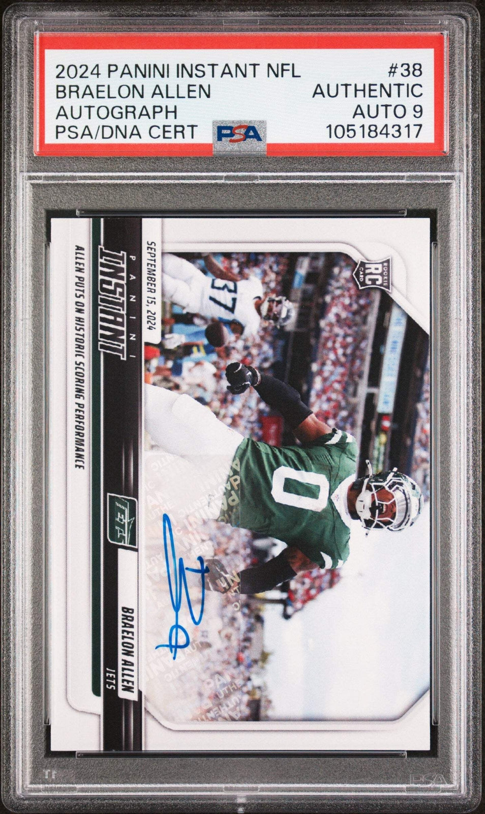 Graded 2024 Panini Instant Braelon Allen #38 Auto /99 Football Card PSA 9 Auto