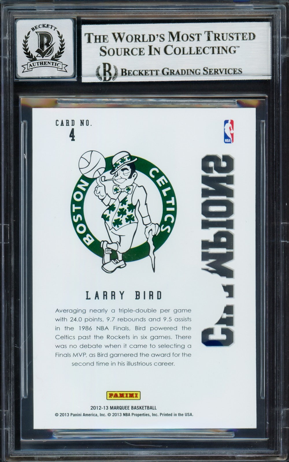 Larry Bird Auto 2012-13 Panini Marquee Champions Card 4 Card Celtics Sig 10 BAS