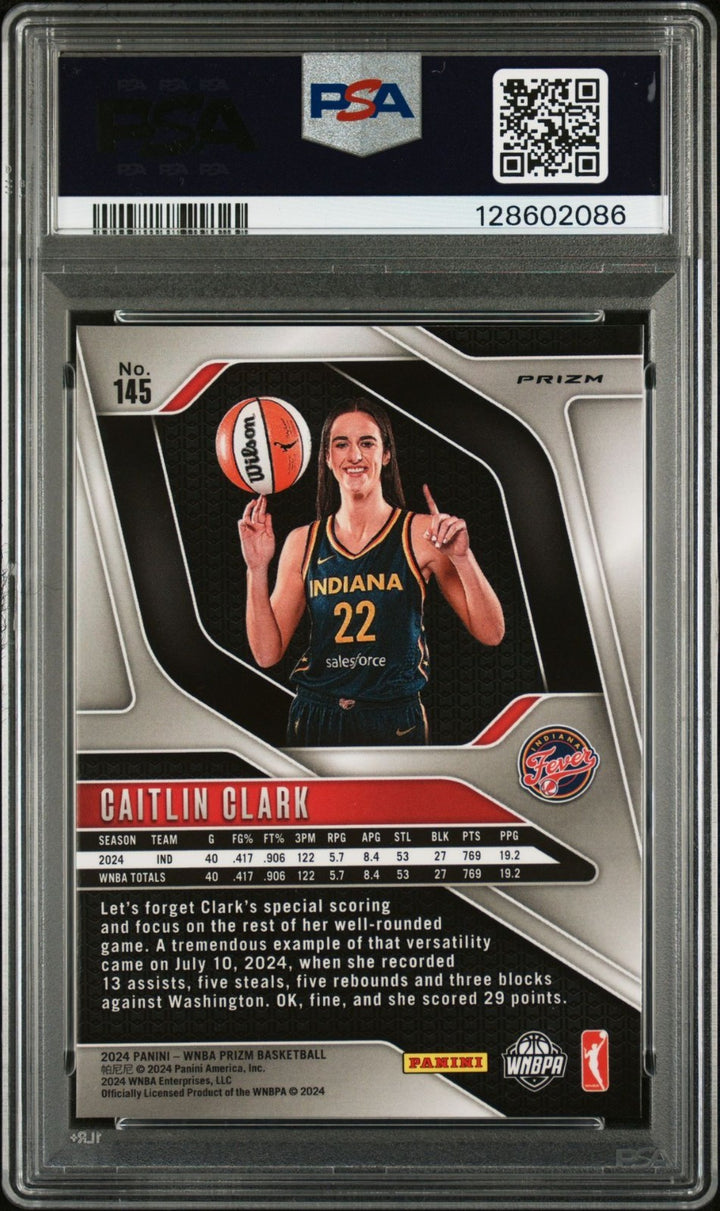 CAITLIN CLARK SIGNED 2024 PANINI PRIZM SILVER #145 ROOKIE CARD FEVER RC PSA