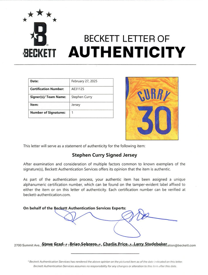 Golden State Warriors Stephen Curry Signed Yellow Jersey Beckett